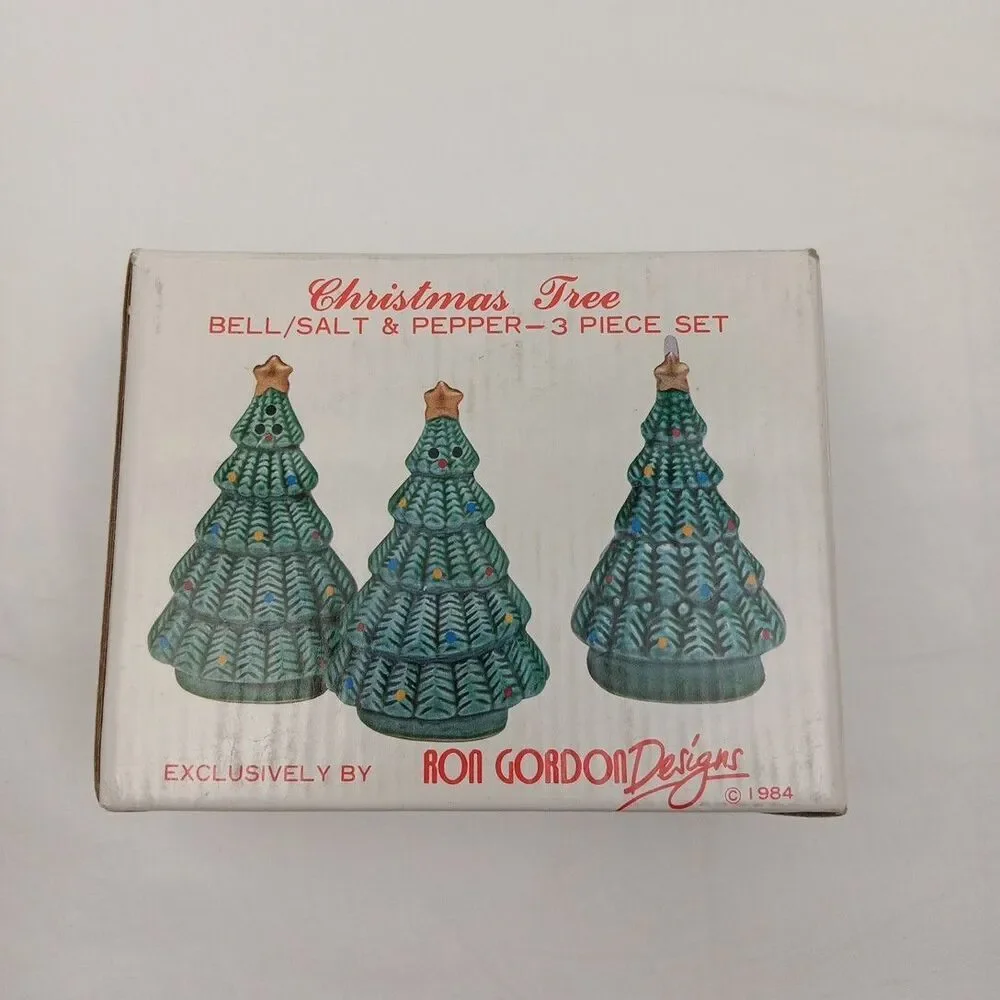 Vintage Ron Gordon Designs Christmas Tree Bell/Salt & Pepper 3-Piece 1984 Flaws